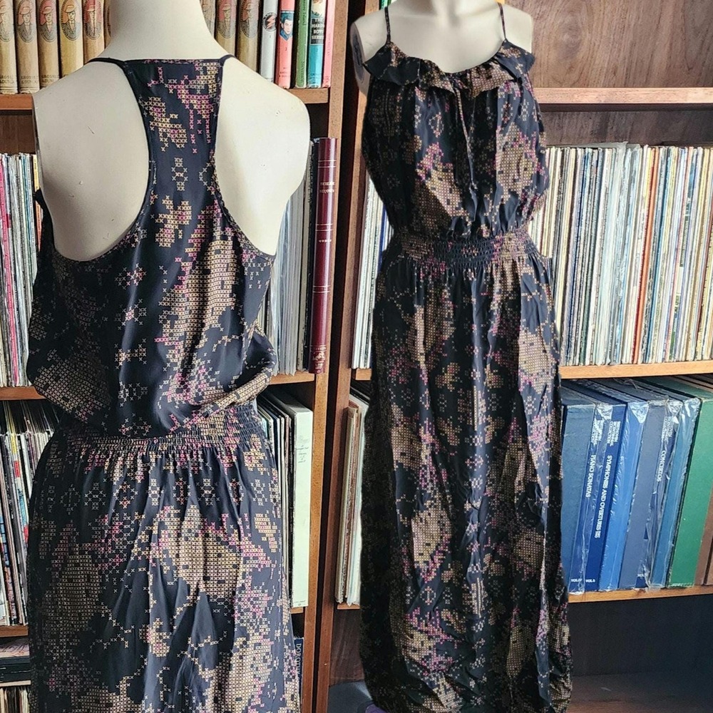S 100% silk racerback maxi dress black with tan and pink abstract pattern